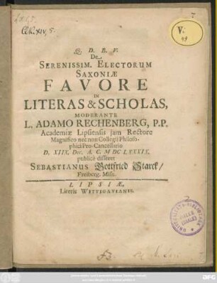 De Serenissim. Electorum Saxoniae Favore In Literas & Scholas