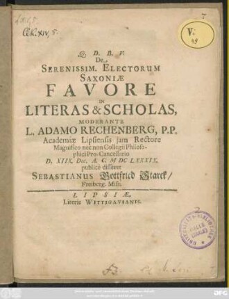 De Serenissim. Electorum Saxoniae Favore In Literas & Scholas