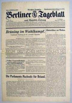 "Berliner Tageblatt" u.a. zum Tod von Aristide Briand