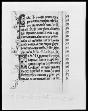 Lektionar, Ms. 119, folio 128 verso, Textseite mit Filigraninitialen F(ratres)
