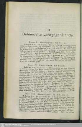 III. Behandelte Lehrgegenstände