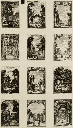 Szenerien für Bühnenbilder II, 12 Blatt : Wolff, Jeremias nach Juvara, Filippo: 12 Bühnenbilder mit verschiedenen Opernszenen, u. a. "Il Ciro" von Alessandro Scarlatti (Libretto: P. Ottoboni "Ciro riconosciuto") in Rom, Teatro Ottoboni im Palazzo della Cancelleria, Karneval 1712 (Blätter 7/44). Kupferstiche; je 135 x 90 mm. Dresden: Kupferstich-Kabinett in A 1050,3