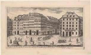 Der Neumarkt in Dresden nach Südosten, links Landhausgasse und Justitia-Brunnen, mittig Moritzstraße, rechts Hotel Stadt Rom und Kirchgasse, Teil einer Reihe Dresdner und sächsischer Ansichten von Schlitterlau um 1770