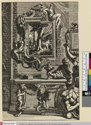 [Ansicht eines zwei-geteilten Spiegelentwurfs mit Diana und ihren Nymphen überrascht beim Bad durch Aktäon; Projet alternatif de tables et de miroirs, sur le miroir, Diane et Actéon]