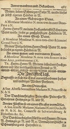 Die Zwölffte Claß. Begreifft in sich die Titul unterschiedener hoher und niedriger Weibes-Personen