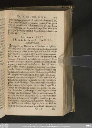 Epistola LXXI. Francisco Pazio, Archiatro Regio.