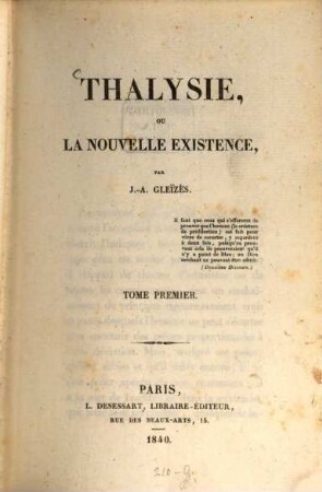 Thalysie, ou la nouvelle existence. 1