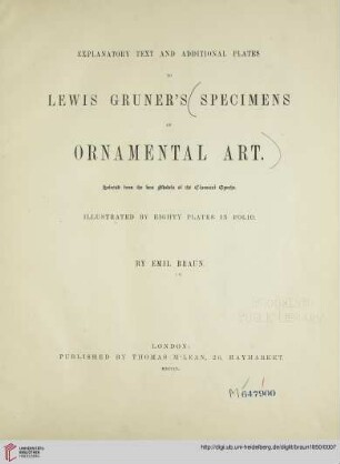 Explanatory Text and Additional Plates to Lewis Gruners̕ Specimens of Ornamental Art