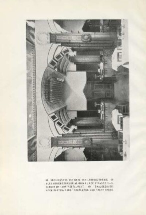 Vereinshaus des Berliner Lehrervereins. Alexanderstrasse 41 und Kurze Strasse 3-5. Nische im Hauptrestaurant. Saalgebäude