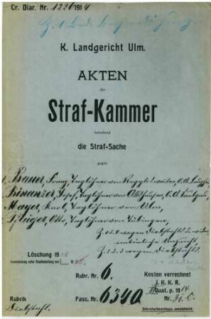 Bauer, Franz, Taglöhner, wohnh. in Ulm; - Binanzer, Josef, Taglöhner, wohnh. in Neu-Ulm; - Mayer, Karl, Taglöhner, wohnh. in Ulm; - Pflüger, Otto, Taglöhner, wohnh. in Ulm