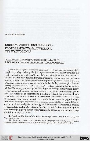 8: Kobieta wobec seksualności - podporządkowana, uwikłana czy wyzwolona? : o kilku aspektach twórczości Natalii LL z perspektywy psychoanalizy Lacanowskiej