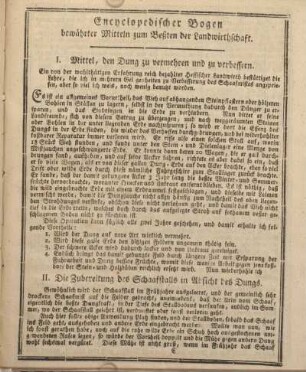 Encyclopedischer Bogen bewährter Mitteln zum Beßten der Landwirthschaft.