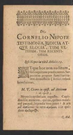 De Cornelio Nepote Testimonia, Judicia Atque Elogia, Tum Veterum, Tum Recentiorum.