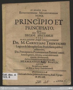 Exercitationum metaphysicarum nona ... De principio et principiato