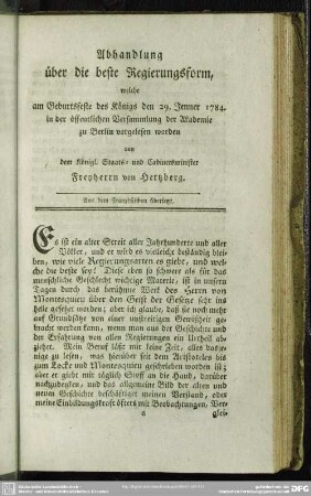 Abhandlung über die beste Regierungsform, welche am Geburtsfeste des Königs den 29. Jenner 1784. in der öffentlichen Versammlung der Akademie zu Berlin vorgelesen worden ...