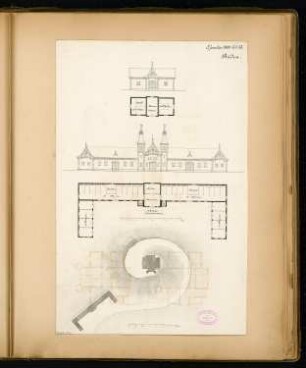 Jagdhaus Monatskonkurrenz Januar 1880: Lageplan. Stallgebäude und Remise: Grundriss Erdgeschoss, Aufriss Vorderansicht; 2 Maßstabsleisten