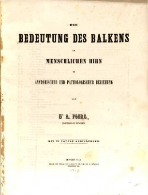 Die Bedeutung des Balkens im menschlichen Hirn in anatomischer und pathologischer Beziehung : Mit VI Tafeln Abbildungen