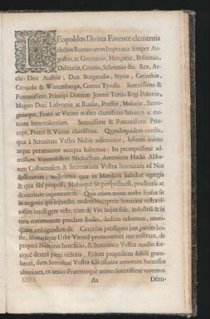 Leopoldus Divina Favente clementia electus Romanorum Imperator semper Augustus, ac Germaniae, hungariae, Bohemiae, Dalmatiae, Croatiae ...