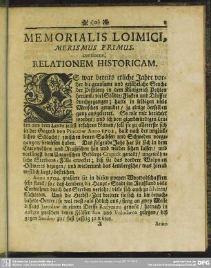 Memorialis Loimici, Merismus Primus, Continens Relationem Historicam