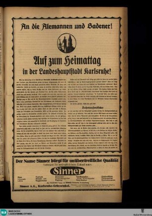 Karlsruher Zeitung, An die Alemannen und Badener! Auf dem Heimattag in der Landeshauptstadt Karlsruhe!