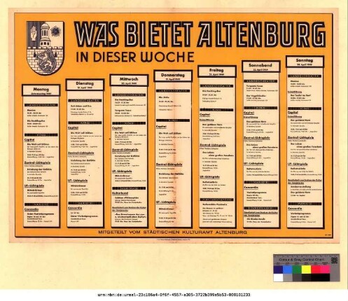 Originaltitel: Was bietet Altenburg in dieser Woche 18. April bis 24. April 1949 Mitgeteilt vom Städtischen Kulturamt Altenburg