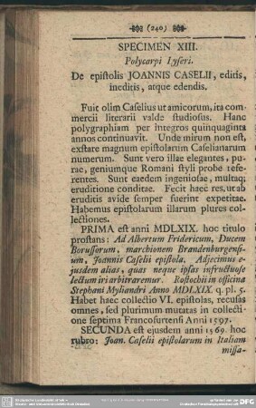 Specimen XIII. Polycarpi Lyseri. De epistolis Joannis Caselii, editis, ineditis, atque edendis