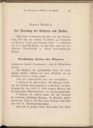 Vierter Abschnitt. Die Bereitung der Glasuren und Farben.