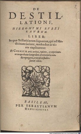 De Destillatione Hieronymi Rvbei Ravenn. : Liber: In quo Stillatitiorum liquorum, qui ad medicinam faciunt, methodus ac uires explicantur: Et Chemicae artis ueritas, ratione & experimento comprobatur ...