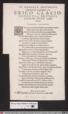 In Honorem Doctoratus Clarißimo & consultißimo viro, Erico Clacio, Potentiss. Brunsvicensium Ducis Consiliario