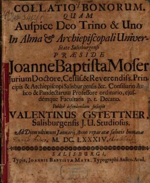 Collatio bonorum : ad Diem ultimum Januarij Anno reparatae salutis humanae M. DC. LXXXIV.
