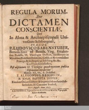 Regula Morum. Sive Dictamen Conscientiæ