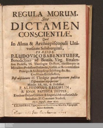 Regula Morum. Sive Dictamen Conscientiæ