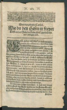 Das vierzehende Capitel. Wie du den Hasen in freyer Lufft an der Gabel in kleine stück/ zierlich und wol zerlegen solst