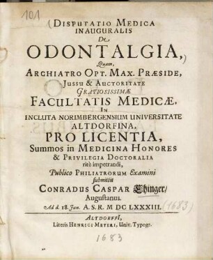Disputatio Medica Inauguralis de Odontalgia