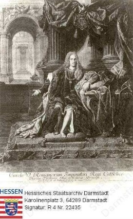 Karl VI. Kaiser Römisch-Deutsches Reich (1685-1740) / Porträt, vor Palastkulisse sitzend, Ganzfigur