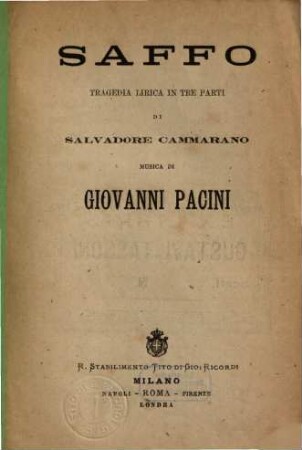 Saffo : tragedia lirica in tre parti