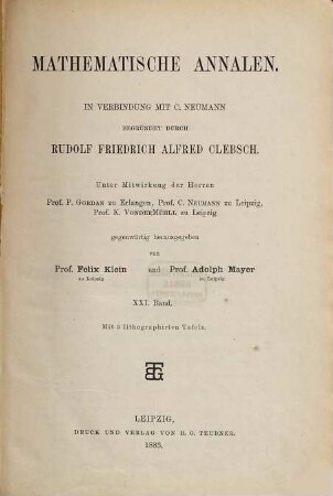 Mathematische Annalen. 21. 1883
