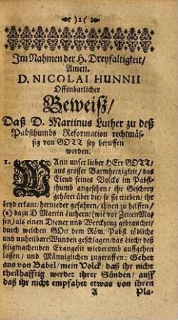Offenbarlicher Beweiß, daß D. Martinus Luther zu des Pabstthums Reformation rechtmäßig von Gott sei beruffen worden