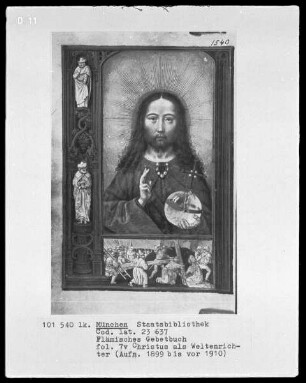 Flämisches Gebetbuch mit Kalender — Bildseite mit zwei Miniaturen und einer Randleiste mit zwei Figuren, Folio 7verso
