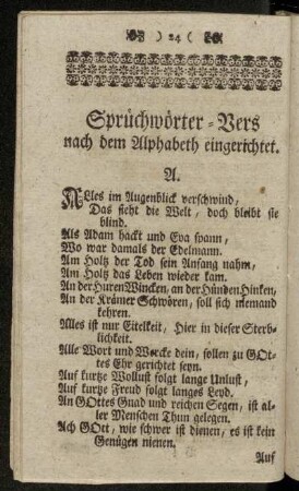 Sprüchwörter-Vers nach dem Alphabeth eingerichtet
