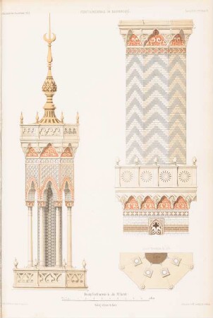 Fontainenbau in Sanssouci, Potsdam: Dampfmaschinenhaus, Schornstein: Ansichten, Grundriss (aus: Atlas zur Zeitschrift für Bauwesen, hrsg. v. G. Erbkam, Jg. 3, 1853)
