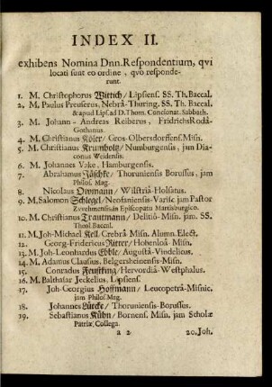 Index II. exhibens Nomina Dnn. Respondentium, qui locati sunt eo ordine, quo responderunt.