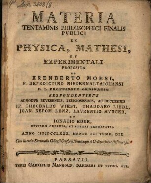 Materia Tentaminis Philosophici Finalis Pvblici Ex Physica, Mathesi, Et Experimentali