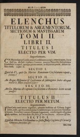 Elenchus Titulorum & Argumentorum, Sectionum & Mantissarum. Tomi II. Libri II.