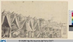 Zeltlager. Acht Linkskulissen und Prospekt. Halbentwurf links