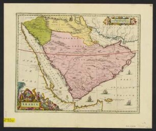 Karte der Arabischen Halbinsel, 1:6 300 000, Kupferstich, 1660 : Arabia. - [Ca. 1:6 300 000]. - [Amstelodami] : [Ioannes Blaeu] , [um 1660]. - 1 Kt. : Kupferst. ; 51 x 40 cm. - Aus: Blaeu, Joan: Atlas Maior, Sive Cosmographia Blauiana, Qua Solum, Salum, Coelum, Accuratissime Describuntur / 10 ; 6. - Maßstab in graph. Form (Milliaria Germanica Communia)