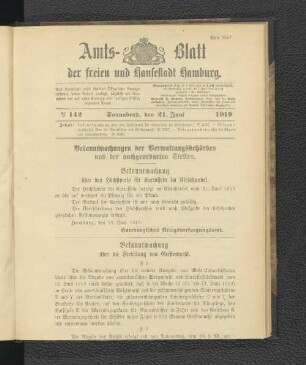 No.142, Sonnabend, den 21. Juni 1919