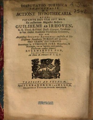 Disputatio Iuridica Inauguralis De Actione Hypothecaria