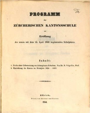 Probe einer Übersetzung aus Aristophanes Fröschen : Von Dr. S. Vögelin. (Programm der Zürcherischen Kantonoschule)