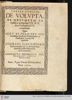 Theses Ethicæ, De Volvptate : Desvmptae Ex capitibus quibusdam VII. & X. libri Aristotelis ad Nicomachum